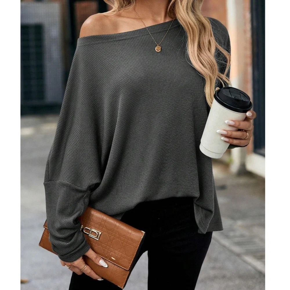 Solid Off Shoulder Loose Fit Waffle Long Sleeve Top - Picture 2 of 16